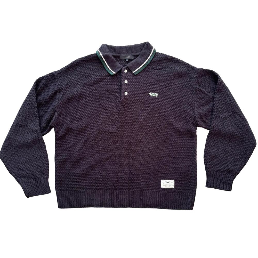 BEAMS HEART Oversized Collared Preppy Polo Sweater in Navy Blue SZ S
